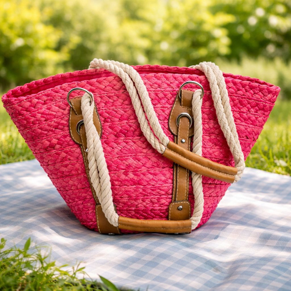 Women's Vintage St. John's Bay Hot Pink Woven Summer Tote Bag Rope Handles
